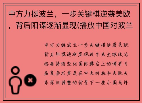 中方力挺波兰，一步关键棋逆袭美欧，背后阳谋逐渐显现(播放中国对波兰)