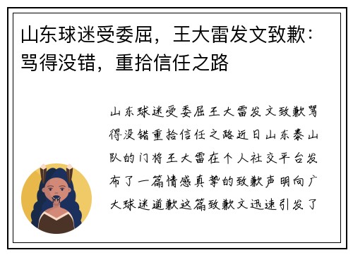 山东球迷受委屈，王大雷发文致歉：骂得没错，重拾信任之路