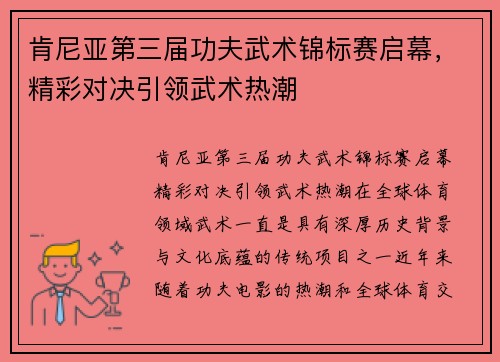 肯尼亚第三届功夫武术锦标赛启幕，精彩对决引领武术热潮