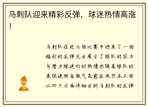 马刺队迎来精彩反弹，球迷热情高涨！