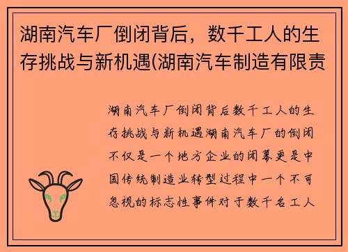 湖南汽车厂倒闭背后，数千工人的生存挑战与新机遇(湖南汽车制造有限责任公司)