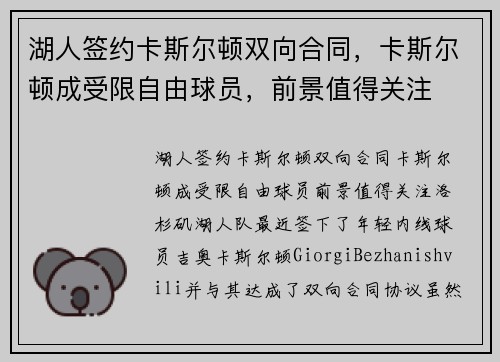 湖人签约卡斯尔顿双向合同，卡斯尔顿成受限自由球员，前景值得关注